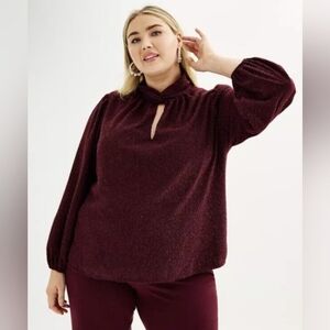 NWT Nine West Burgundy Maddie Plum Twist Neck Long Sleeve Textured Chenille Top